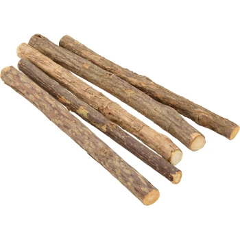 Matatabi Wood Sticks Five natural pet chew sticks (wooden branches) with bark, varying lengths, on white background.