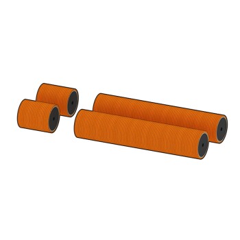 Vier orangefarbene Haustierpflege-Roller, zwei große und zwei kleine, mit schwarzen Enden, auf einem weißen Hintergrund präsentiert.