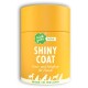 Gelber Behälter mit der Aufschrift "SHINY COAT" für die Haut- und Fellpflege von Hunden, mit Text auf Deutsch und einer Silhouette verschiedener Hunderassen.