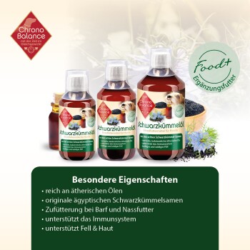 Flaschen mit Schwarzkümmelöl für Hunde von ChronoBalance, die Vorteile wie Immununterstützung und gesundes Fell hervorheben.