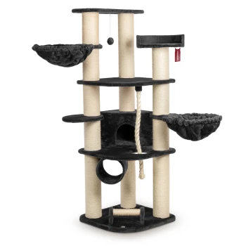 Ein mehrstöckiger Katzenbaum in Schwarz und Beige, mit Kratzpfosten, hängenden Spielzeugen und gemütlichen Stoffplätzen für Katzen.