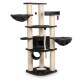 Ein mehrstöckiger Katzenbaum in Schwarz und Beige, mit Kratzpfosten, hängenden Spielzeugen und gemütlichen Stoffplätzen für Katzen.