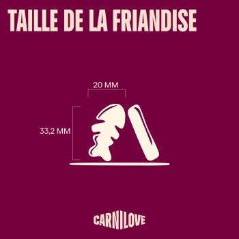 Panneau bordeaux : en-tête « TAILLE DE LA FRIANDISE », deux icônes de friandises beige étiquetées 20 mm et 33,2 mm, logo Carnilove
