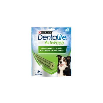 Purina Dentalife ActivFresh package for dogs, featuring a medium-sized dog and five dental sticks. Text reads "Designed to fight bad breath bacteria."