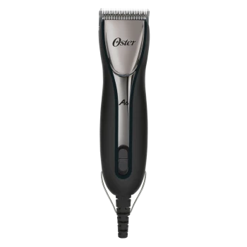 Oster A6 Tierpflege-Schermaschine mit schwarzem und silbernem Gehäuse, Metallklinge und Ein-/Ausschalter vorne.