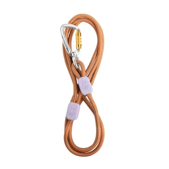Führleine Rope Thin Eine strapazierfähige orange Haustierleine mit einem silbernen Karabiner und lila Gummigriffen, beschriftet mit "Woolly Wolf."