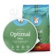Super Premium Hundefuttertüte mit der Aufschrift "Optimal Mini," entworfen für aktive kleine Hunderassen, mit Symbolen für Verdauung, Immununterstützung und FOS.