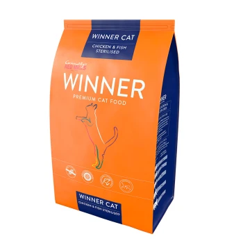 Orange bag of "Winner Cat" premium cat food, featuring a silhouette of a cat, labeled "Chicken & Fish Sterilised."