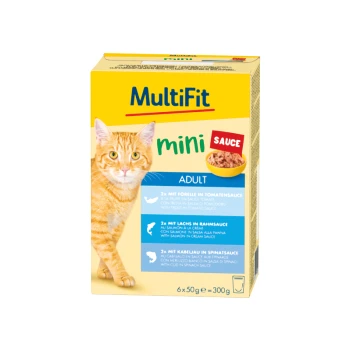 Katzenfutterverpackung mit einer orangefarbenen Tabby-Katze, beschriftet mit "MultiFit mini Sauce", die Forelle, Lachs und Kabeljau-Geschmäcker bietet. 6 Packungen, insgesamt 300g.