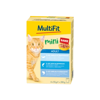 Katzenfutterverpackung mit einer orangefarbenen Tabby-Katze, beschriftet mit "MultiFit mini Sauce", die Forelle, Lachs und Kabeljau-Geschmäcker bietet. 6 Packungen, insgesamt 300g.