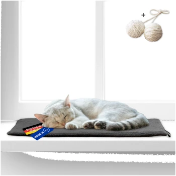 Schlafende hellgraue Katze auf einer schwarzen Matte am Fenster mit deutscher Flagge und "Made in EU"-Etiketten, darüber zwei Seilbälle.