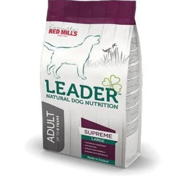 Bag of Leader Natural Dog Nutrition, labeled "Supreme" for large adult dogs up to 6 years, from Connolly's Red Mills, made in Ireland.