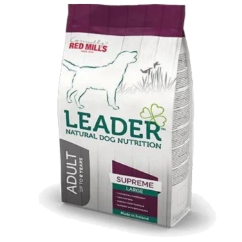 Bag of Leader Natural Dog Nutrition, labeled "Supreme" for large adult dogs up to 6 years, from Connolly's Red Mills, made in Ireland.