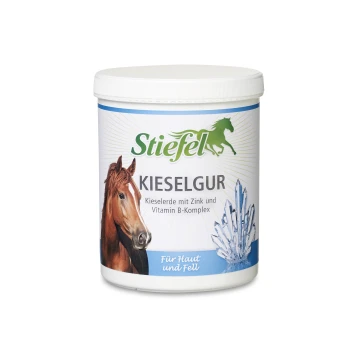 Behälter mit Stiefel Kieselgur für Pferde, mit einem Pferdebild, mit dem Text, der angibt, dass es Zink und Vitamin B-Komplex enthält.