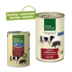 Zwei Dosen Real Nature Haustierfutter, eine klein und eine groß, mit einer Kuhillustration und dem Text: "Neues Design – gleiche Qualität!"