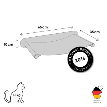 Wandmontiertes Katzenhängemattenregal, Maße 65×35×10 cm, Tragfähigkeit 15 kg; Siegel 'Original Design 2016 LUCYBALU'; 'Made in Germany'