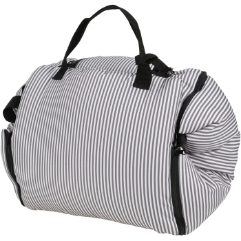Sac de transport souple pour animal gris et blanc à rayures verticales avec poignées noires et fermetures éclair latérales.