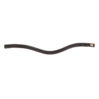 Braunes Lederhalsband für Hunde mit geschwungenem Design und Nähdetails, mit einem kleinen Logoanhänger an einem Ende.
