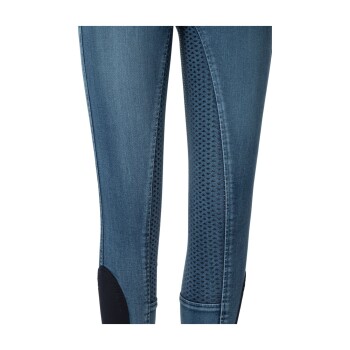Blaue Denim-Leggings mit einem strukturierten Seitenpaneel mit kleinen Herzmustern und schwarzen Kniepatches.