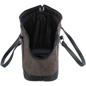 Eine geräumige, stilvolle Tragetasche für Haustiere in Grau und Schwarz, mit einer breiten Öffnung und einem weichen Innenraum, entworfen für Komfort und Bequemlichkeit.