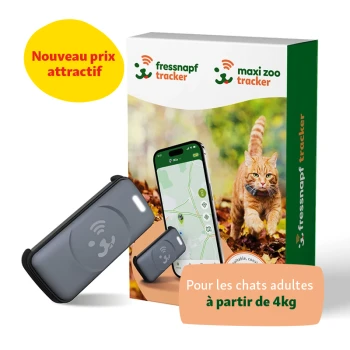 Emballage de traceur pour animaux de compagnie avec une carte sur smartphone, traceur gris, et le texte : "Nouveau prix attractif" pour les chats de plus de 4kg. Chat en arrière-plan.