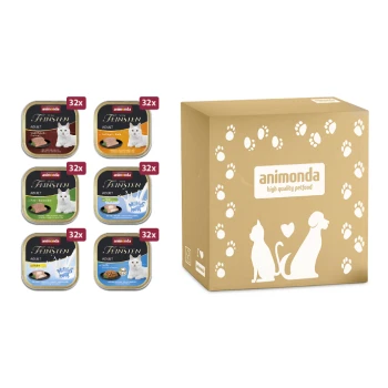 vom Feinsten Adult Megapack 6 x 32 x 100g Animonda Tiernahrungsbox, die sechs Tray-Varianten mit der Bezeichnung '32x' zeigt, mit Katzen- und Hundesilhouetten sowie Pfotenabdrücken.
