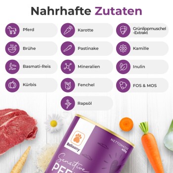 Dose mit "Balloony Sensitive" Haustierfutter mit lila Design, umgeben von frischen Karotten, Pastinaken und Fleisch, die nahrhafte Zutaten auflistet.