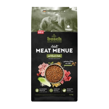 Bosch Adult Meat Menue Hundefutterbeutel mit Schüssel Trockenfutter, Rind- und Hühnerstücken, Kennzeichnungen 'mit Rind & Huhn' und 'Neu'.
