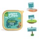 Nourriture pour chiens Edgard Cooper 100g bio à base de poisson, sans céréales, avec des illustrations de poissons ludiques et le texte : "beaucoup de poissons savoureux," "sans céréales," "100 % bio."