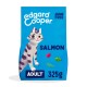 Cat food bag featuring a playful illustrated cat, labeled "Edgard Cooper," with "SALMON," "ADULT," and "325g" prominently displayed.