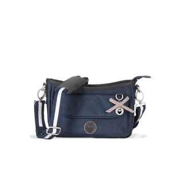 Navyblaue Haustiertragetasche mit einem gestreiften Tragegurt, mit einer Fronttasche und einem Charm mit einer Schleife und einer Glocke.