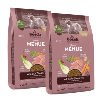 Bosch Junior Menue Haustierfutterbeutel, die frischen Truthahn und Hähnchen enthalten, mit Zutaten wie Gemüse und Kräutern, jeweils 12,0 kg.