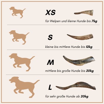 Größentabelle für Hundekauhörner: XS (bis zu 7kg), S (bis zu 12kg), M (bis zu 20kg), L (über 20kg).