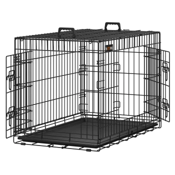 Schwarze Metall-Haustierbox mit zwei Türen, einem abnehmbaren Kunststofftablett am Boden und Griffen oben für einfachen Transport.