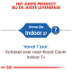Label van "Home Life Indoor 27" kattenvoer voor katten 7+, met aanbeveling om over te schakelen naar "Royal Canin Indoor 7+".