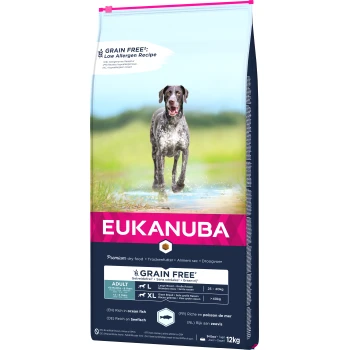 Eukanuba Graanvrije hondenvoerzak voor grote rassen, met de nadruk op 'Laag Allergeen Recept' en 'Rijk aan zeevis.'