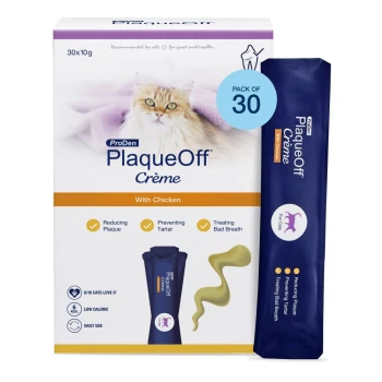 ProDen PlaqueOff Crème with Chicken cat dental paste, pack of 30, blue sachet shown — reduces plaque, prevents tartar, treats bad breath