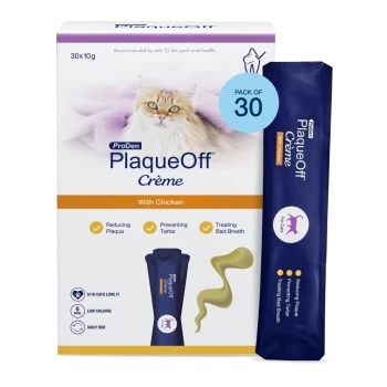 ProDen PlaqueOff Crème with Chicken cat dental paste, pack of 30, blue sachet shown — reduces plaque, prevents tartar, treats bad breath