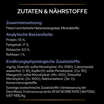 Tierfutteretikett auf Deutsch 'ZUTATEN & NÄHRSTOFFE' — Protein 55 %, Fett 17 %, Rohasche 8,5 %, Rohfaser 1 %.