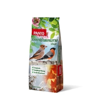 Sonnenblumenkerne schwarz 20kg PANTO schwarzer Sonnenblumensamen-Sack mit zwei Vögeln, der energiereiches, ganzjähriges Füttern für alle Samenvögel fördert.