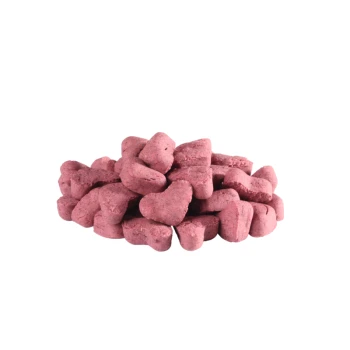A pile of heart-shaped pink pet treats, showcasing their soft texture and vibrant color, ideal for rewarding pets.