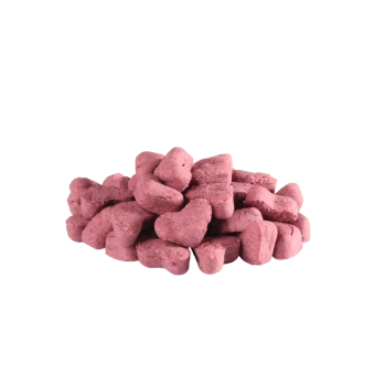A pile of heart-shaped pink pet treats, showcasing their soft texture and vibrant color, ideal for rewarding pets.
