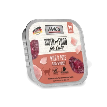 Super Food for Cats Wild & Pute Game & Turkey dla dorosłych kotów marki MAC, bezglutenowa, o wysokiej zawartości mięsa, wyprodukowana w Niemczech.