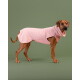 Großer brauner Hund trägt einen rosa Fleece-Mantel mit Rollkragen, steht im Profil vor einem einfarbigen grünen Hintergrund
