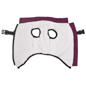 Ein weicher, plüschiger Erholungs-Halskragen für Haustiere in Weiß mit lila Kanten, mit zwei Öffnungen für den Kopf des Haustieres und verstellbaren Riemen.