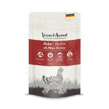 Premium Katzenfutterverpackung hebt Huhn als Hauptzutat hervor, mit Symbolen für natürlich, regional, hoher Fleischanteil und getreidefrei. Hergestellt in Deutschland.