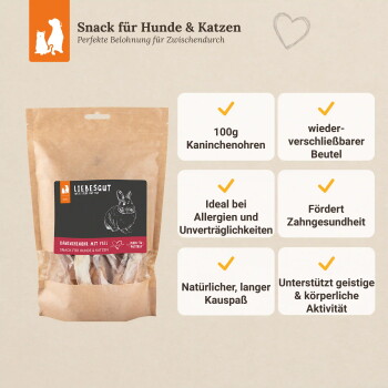 Wiederverschließbarer Liebesgut-Kraftbeutel mit Kaninchenohren (100 g), beschriftet „Snack für Hunde & Katzen“ — allergikerfreundlich, zahnpflegend.
