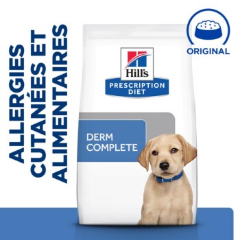 Sac de nourriture pour chiens Hill's Prescription Diet Derm Complete, présentant un chien de couleur claire avec un collier bleu, promouvant le soulagement des allergies cutanées.