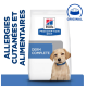 Sac de nourriture pour chiens Hill's Prescription Diet Derm Complete, présentant un chien de couleur claire avec un collier bleu, promouvant le soulagement des allergies cutanées.