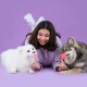 Eine Person liegt auf einem lila Hintergrund mit einem flauschigen weißen Hund und einem wolfähnlichen Hund, die jeweils einen rosa pfotenförmigen Leckerbissen halten.